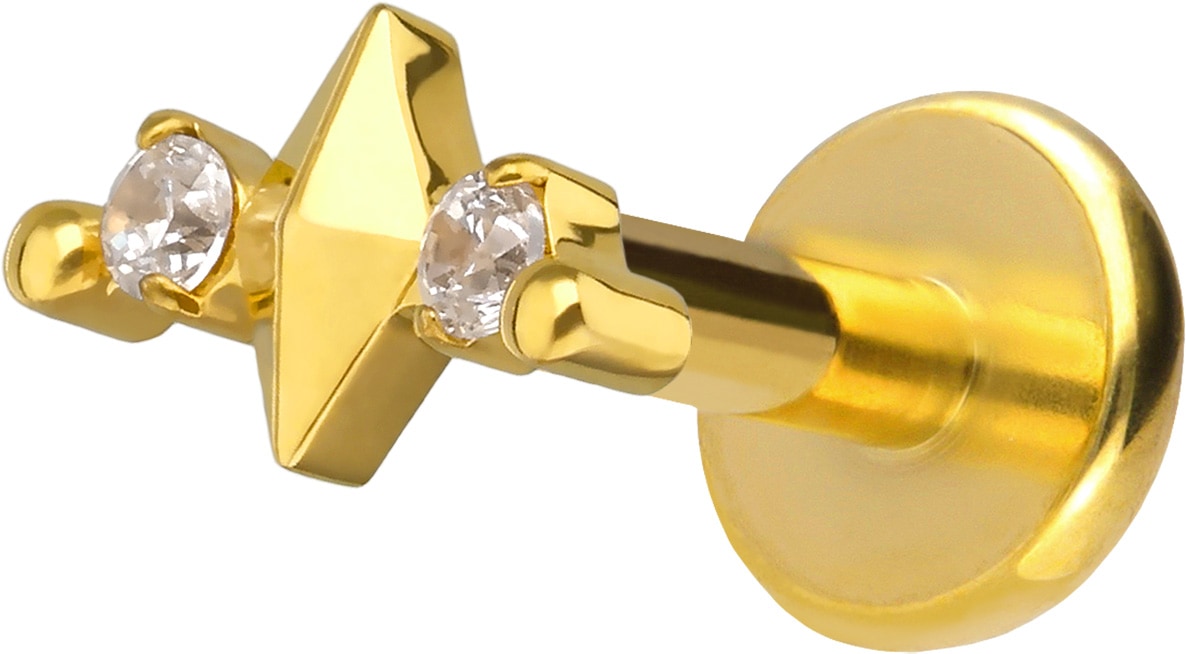 Titan Labret Piercing mit Push Fit RAUTE + 2 KRISTALLE
